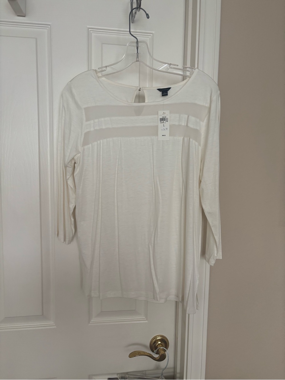 Ann Taylor White 3/4-Sleeve Sheer-Panel Top
